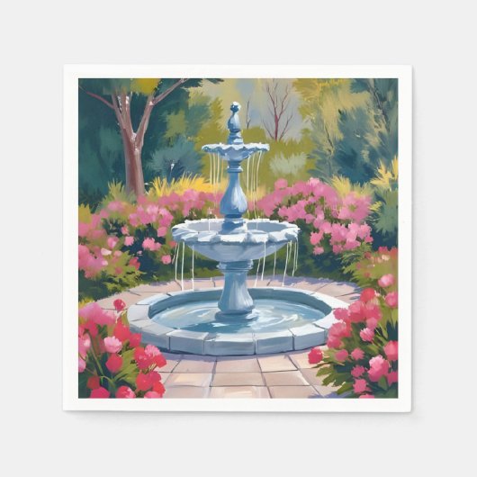庭の噴水の花の絵 スタンダードカクテルナプキン (正面)