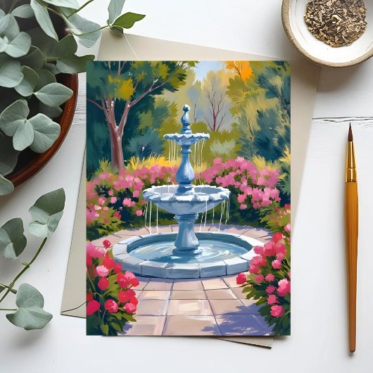 庭の噴水の花の絵 ポストカード