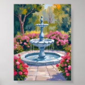 庭の噴水の花の絵 水彩画アート ポスター (正面)