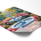 庭の噴水の花の絵 水彩画アート ポスター (角)