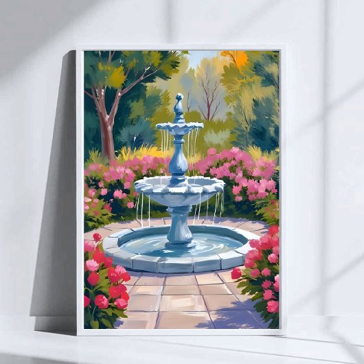 庭の噴水の花の絵 水彩画アート ポスター