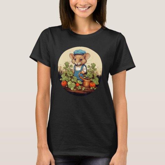庭の季節にトマトを持ったかわいいガーデニングマウス Tシャツ (正面)