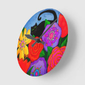 庭の抽象美術の黒猫 ラウンド壁時計 (傾斜)