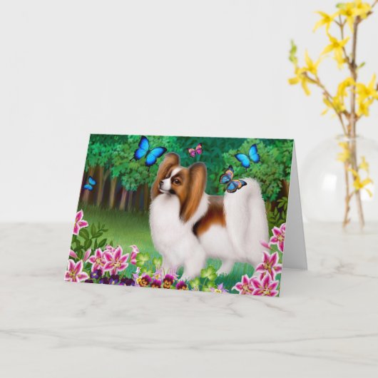 庭の挨拶状のPapillon犬 カード (黄色い花)