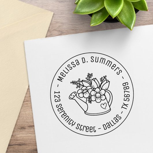 庭の散水缶花ラウンドアドレス3 ラバースタンプ