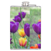 庭の晴れた日に濃い紫のチューリップ フラスク (裏面)