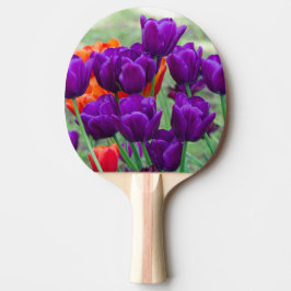 庭の晴れた日に濃い紫のチューリップ 卓球ラケット