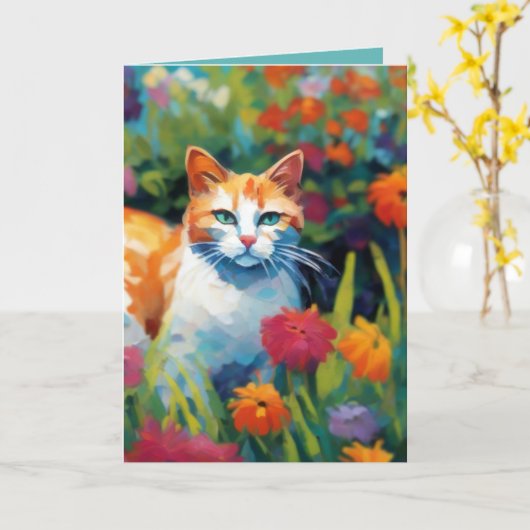 庭の気になる猫 グリーティングカード (黄色い花)