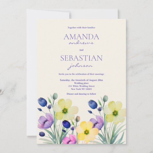 庭の水色の野花結婚の 招待状 (正面)