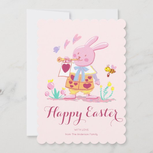 庭の水色ピンクのイースターバニー シーズンカード (正面)