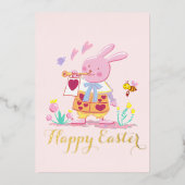 庭の水色ピンクのイースターバニー 箔シーズンカード (正面)