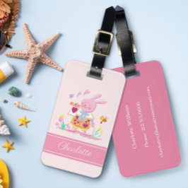 庭の水色ピンクバニー&ビーのモノグラム ラゲッジタグ