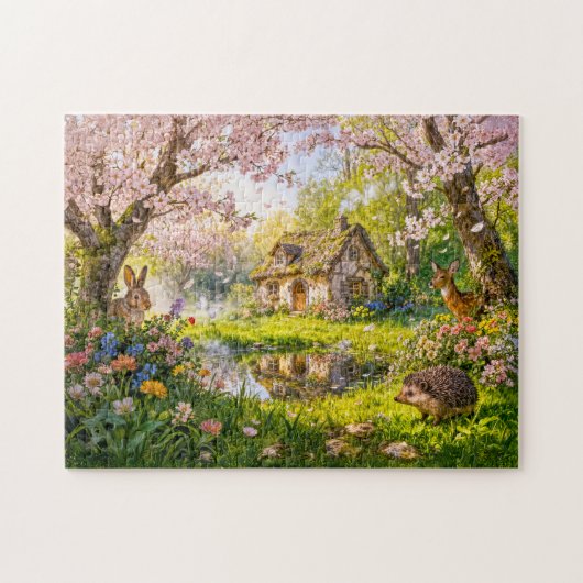 庭の池のほとりの桜のコテージ ジグソーパズル (横)