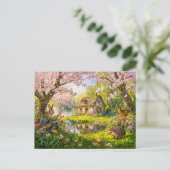 庭の池のほとりの桜のコテージ ポストカード (スタンド正面)