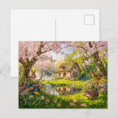 庭の池のほとりの桜のコテージ ポストカード (正面/裏面)