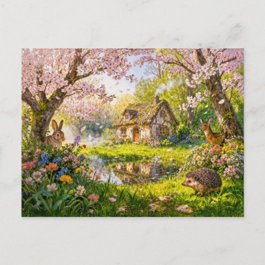 庭の池のほとりの桜のコテージ ポストカード (正面)
