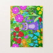 庭の漫画猫によってはてんとう虫の蝶が開花します ジグソーパズル (縦)