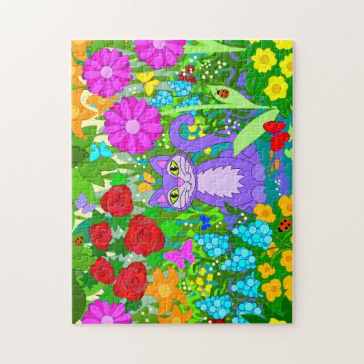 庭の漫画猫によってはてんとう虫の蝶が開花します ジグソーパズル (縦)