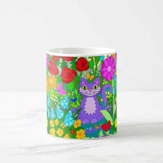 庭の猫 カラフルな蝶 幻想的な花 コーヒーマグカップ (中央)