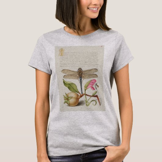 庭の生活、トンボ、洋梨、カーネーションと昆虫 Tシャツ (正面)