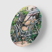 庭の自転車とバスケット ラウンド壁時計 (傾斜)