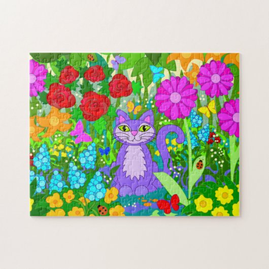 庭の花とテントウムシと蝶々と可愛いキャラクター猫 ジグソーパズル (横)