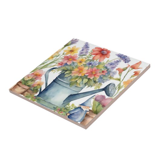 庭の花と散水缶水色 タイル (側面)