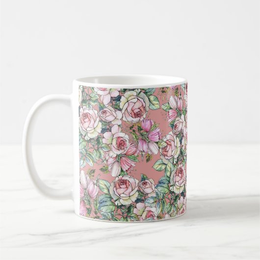 庭の花のバラとチュー絵を描リップを水に入れ コーヒーマグカップ (左)