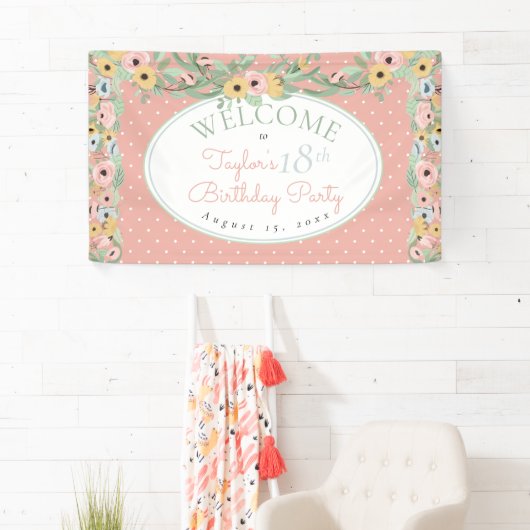 庭の花のピンク|の黄色い花束の誕生会 横断幕 (インサイチュ)