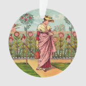 庭の花を育てる女性のアート・アンティーク オーナメント (正面)