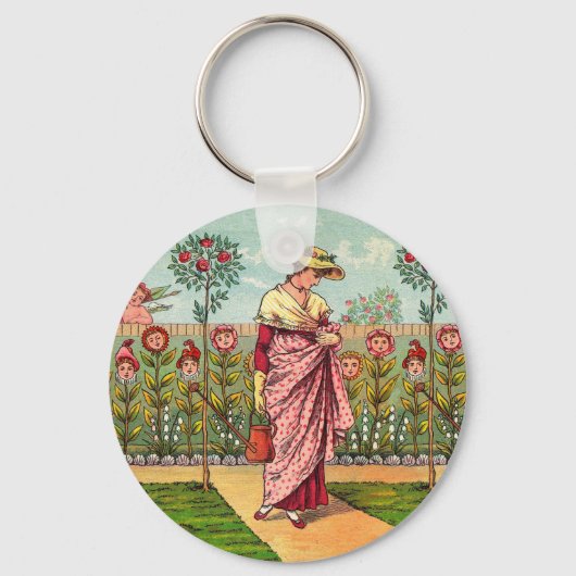 庭の花を育てる女性のアート・アンティーク キーホルダー (正面)