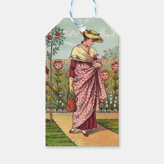 庭の花を育てる女性のアート・アンティーク ギフトタグ (正面)