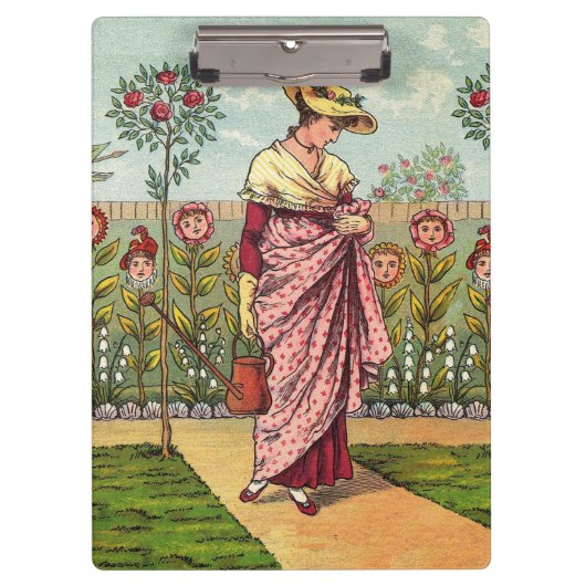 庭の花を育てる女性のアート・アンティーク クリップボード (正面)