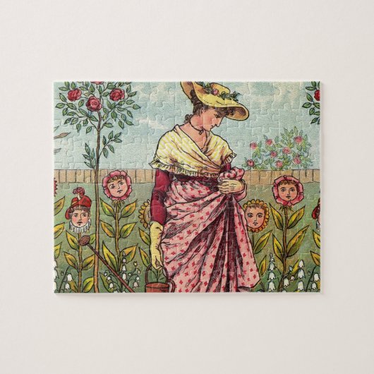 庭の花を育てる女性のアート・アンティーク ジグソーパズル (横)