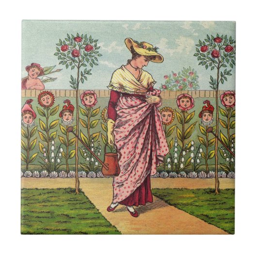 庭の花を育てる女性のアート・アンティーク タイル (正面)