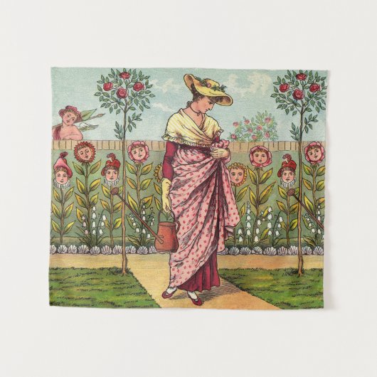 庭の花を育てる女性のアート・アンティーク タペストリー (正面(横))