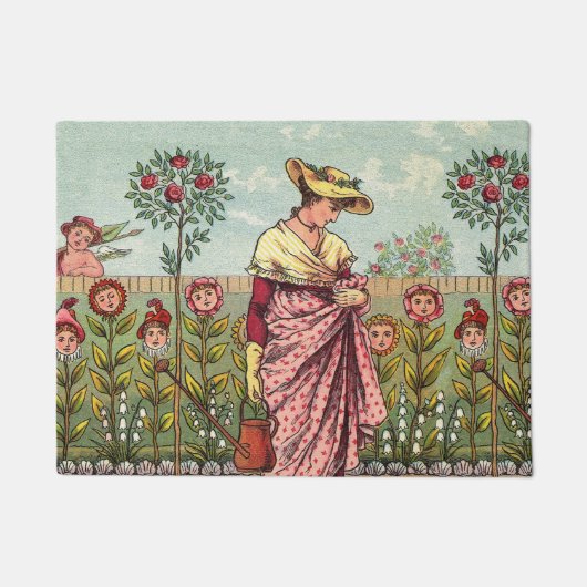 庭の花を育てる女性のアート・アンティーク ドアマット (正面)