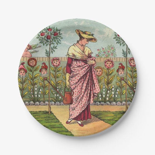 庭の花を育てる女性のアート・アンティーク ペーパープレート (正面)
