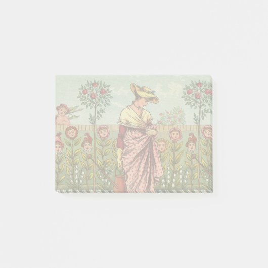 庭の花を育てる女性のアート・アンティーク ポストイット (正面)