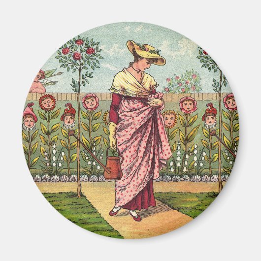 庭の花を育てる女性のアート・アンティーク マグネット (正面)