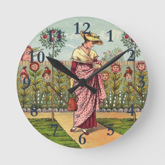 庭の花を育てる女性のアート・アンティーク ラウンド壁時計 (正面)
