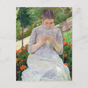 庭の若い女性の裁縫, c.1880-82 ポストカード