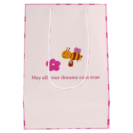 庭の誕生日に水色のピンクのウサギ ミディアムペーパーバッグ (裏面)