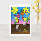 庭の誕生日の喜び、妖精に水をまくヴィンテージ カード (黄色い花)