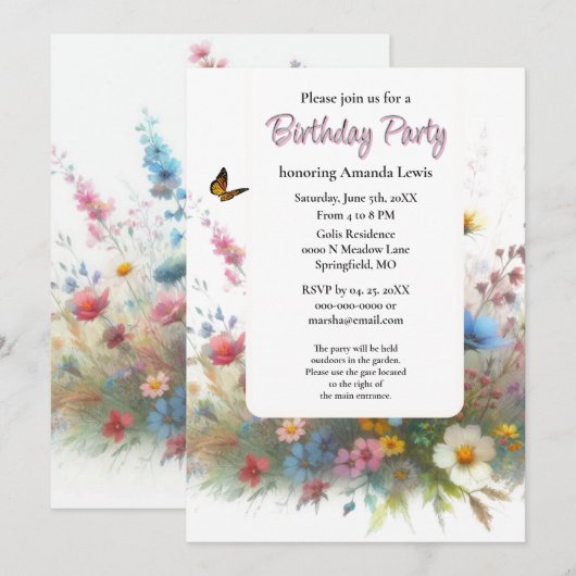 庭の誕生日パーティー ワイルドフラワーズ 花 招待状 (正面/裏面)