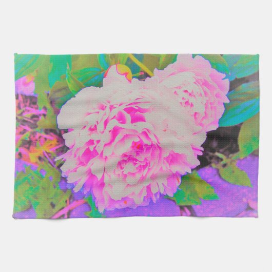 庭の電気ピンクの牡丹カラフルたち キッチンタオル (横)