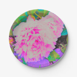 庭の電気ピンクの牡丹カラフルたち ペーパープレート