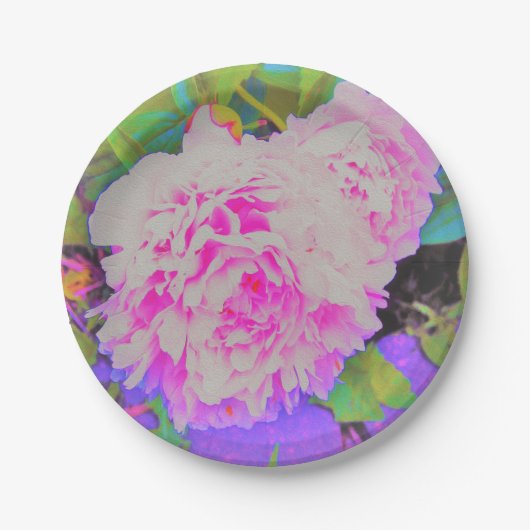 庭の電気ピンクの牡丹カラフルたち ペーパープレート (正面)