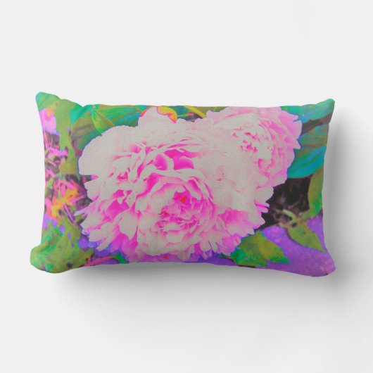 庭の電気ピンクの牡丹カラフルたち ランバークッション (正面)