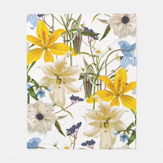 庭の魔法のユリ、デイジー、アネモネの花。 フリースブランケット (正面)